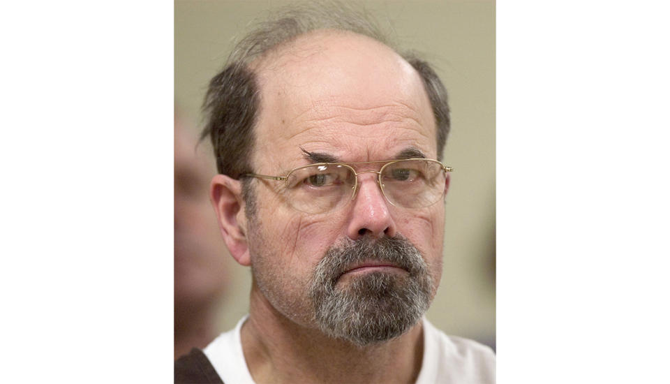 FILE - Convicted BTK killer Dennis Rader listens during a court proceeding, Oct. 12, 2005, in El Dorado, Kan. On Wednesday, Aug. 23, 2023, authorities in Oklahoma and Missouri said they are investigating whether the BTK serial killer was responsible for other homicides, with their search leading them to dig on Tuesday, Aug. 22, near his former Kansas property. (Travis Heying/The Wichita Eagle via AP, Pool, File)