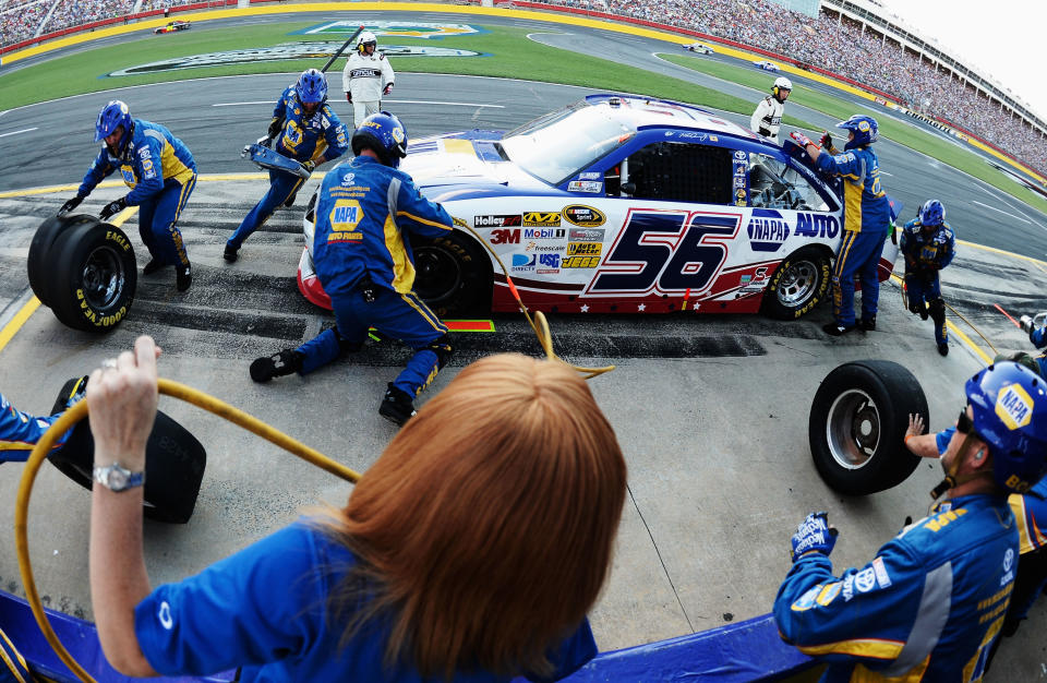 Martin Truex Jr., driver of the #56 NAPA Auto Parts Toyota, pits during the NASCAR Sprint Cup Series Coca-Cola 600 at Charlotte Motor Speedway on May 27, 2012 in Concord, North Carolina. (Photo by Jared C. Tilton/Getty Images for NASCAR)