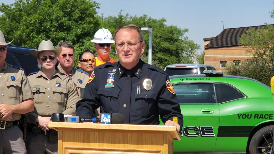 Amarillo Police Chief Martin Birkenfeld talks about his department's role in reducing traffic deaths Thursday with the "Click it or Ticket" campaign at the Texas Travel Information Center in Amarillo.