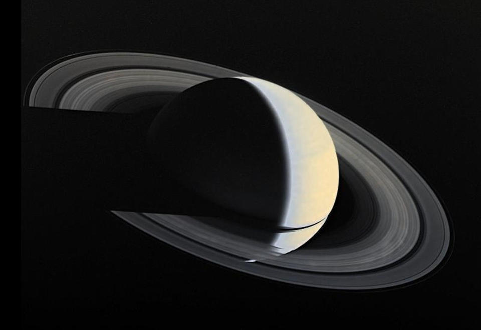 NASA’s Voyager 1 probe captured this image of Saturn and its rings on Nov. 16, 1980, four days after closest approach to Saturn, from a distance of 3.3 million miles (5.3 million kilometers). This viewing geometry, which shows Saturn as a crescent, is never achieved from Earth. <cite>NASA/JPL/USGS</cite>