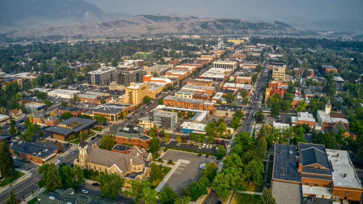 aerial view of downtown bozeman, montana in summer