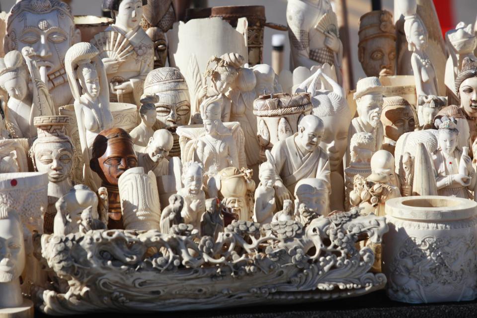 Dozens of confiscated carved ivory sculptures are displayed before 6 tons of ivory was crushed in Denver, Colorado