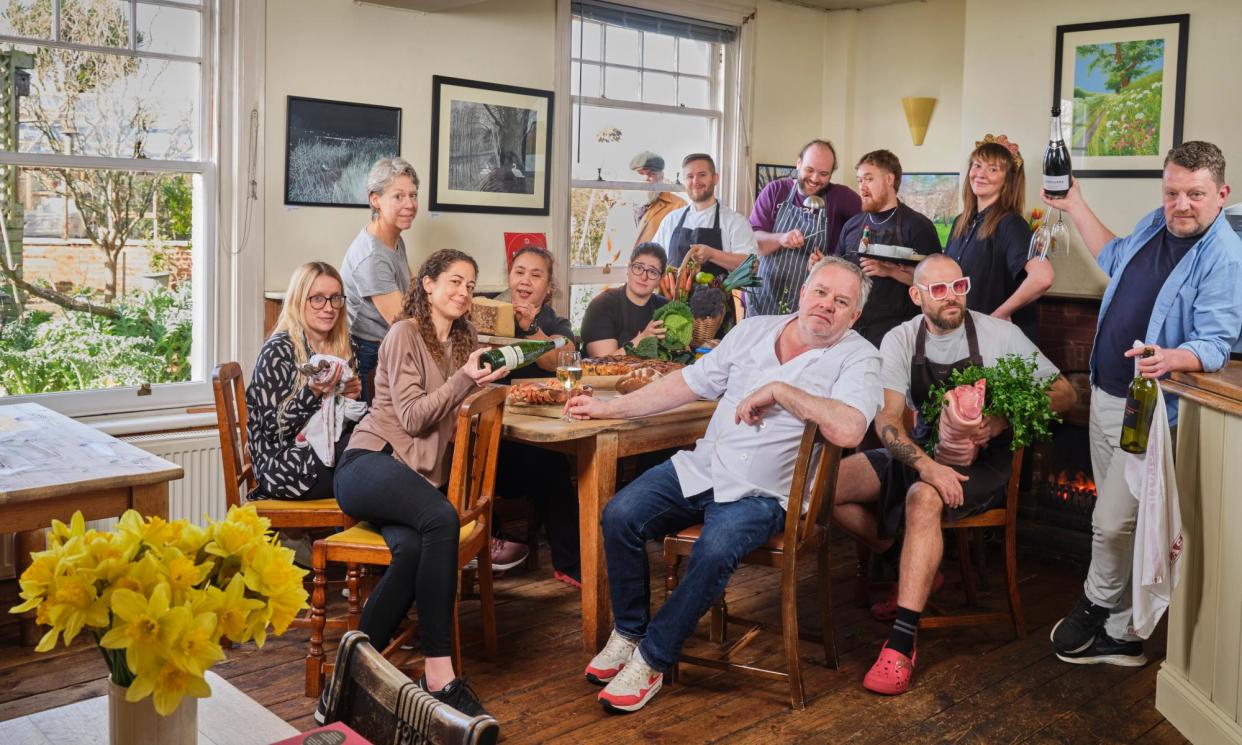 <span>The staff of The Sportsman, Seasalter, with chef-owner Stephen Harris, centre.</span><span>Photograph: Amit Lennon/The Observer</span>