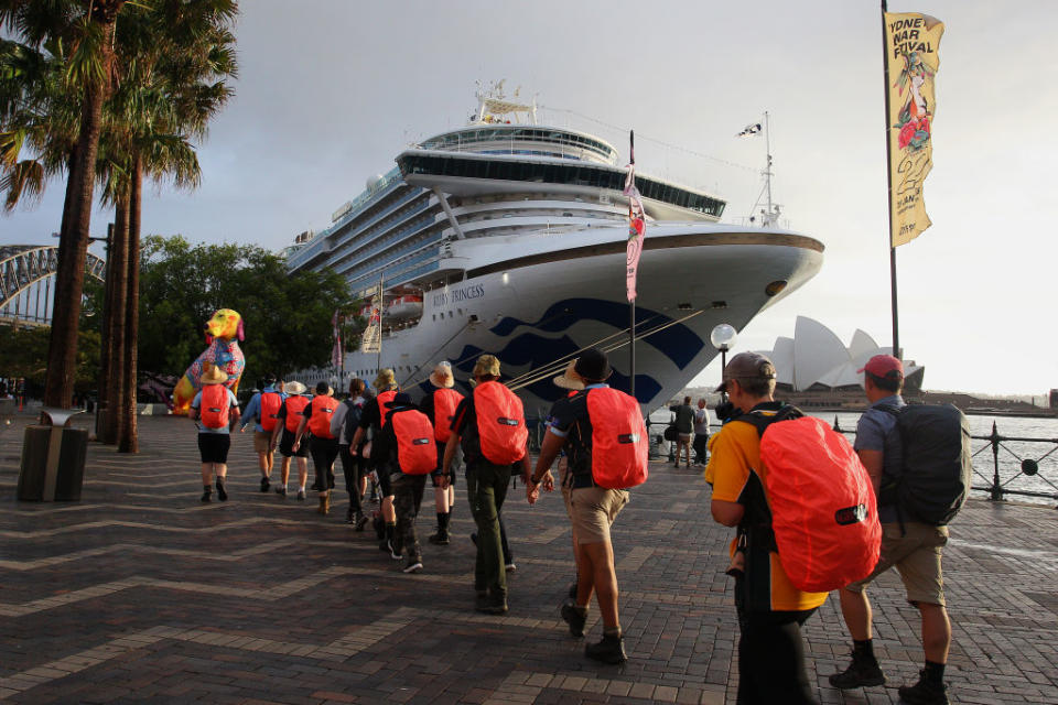 SYDNEY, AUSTRALIA - FEBRUARY 08: The Ruby Princess docks at the Overseas Passenger Terminal on February 08, 2020 in Sydney, Australia. Authorities around the world are imposing travel bans and extra health screening measures to try and contain the spread of the coronavirus. (Photo by Lisa Maree Williams/Getty Images)