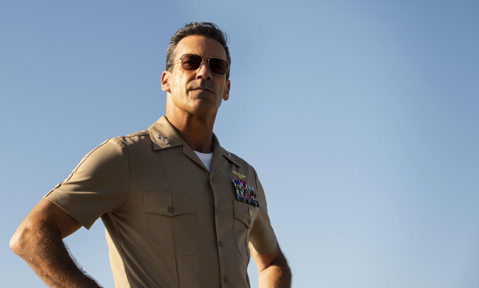 This image released by Paramount Pictures shows Jon Hamm plays Adm. Beau "Cyclone" Simpson in "Top Gun: Maverick." (Paramount Pictures via AP)