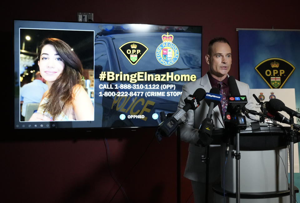 The Ontario Provincial Police (OPP) Det. Sergeant Jason Dinsmore provides additional information on the January 2022 abduction of Elnaz Hajtamiri during a press conference in Mississauga, Ont., on Thursday, January 12, 2023. THE CANADIAN PRESS/Nathan Denette