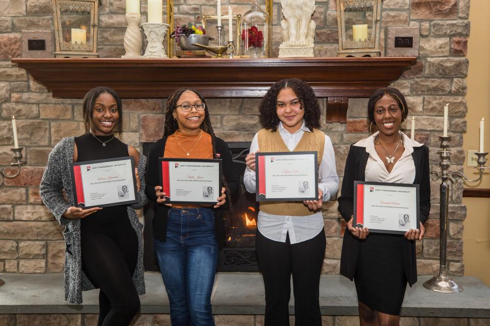 The 2024 Boddie Scholarship recipients at East Stroudsburg University's 27th annual Dr. Martin Luther King Jr Celebration Breakfast on Jan. 15, 2024. Left to right: Adoris Kwaidah, Shidae Jones, Tiffany Silva and Amanda Antoine.