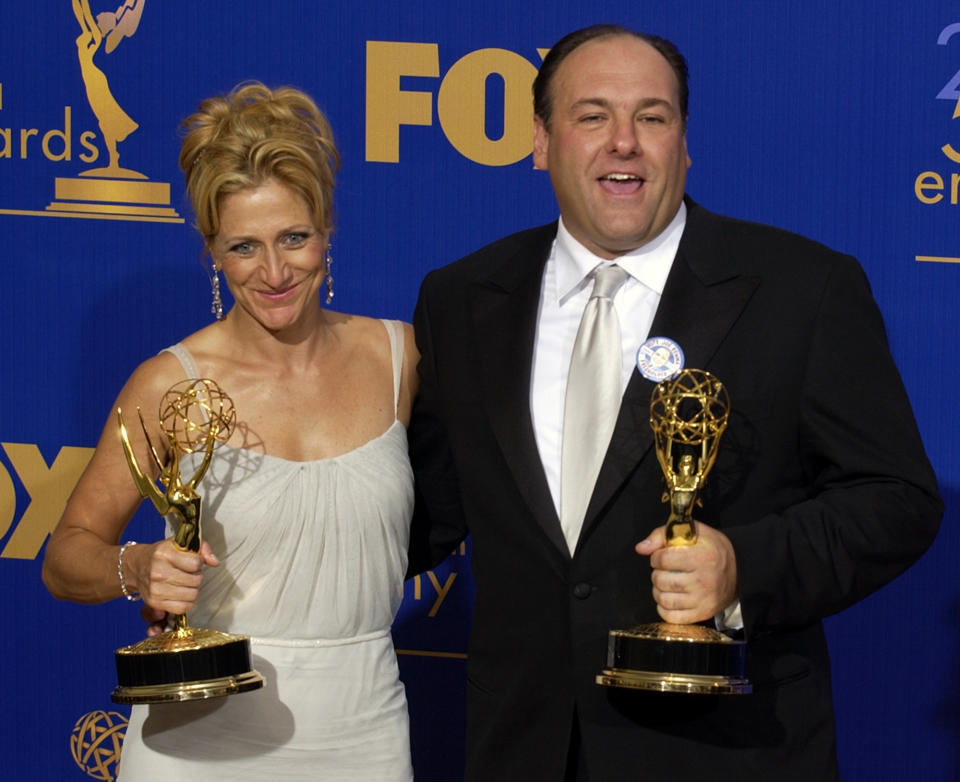 FILE - This Sept. 21, 2003 file photo shows actors Edie Falco, left, and James Gandolfini with the awards they won for outstanding lead actress and actor in a drama series for their work on The Sopranos at the 55th Annual Primetime Emmy Awards at the Shrine Auditorium in Los Angeles. HBO and the managers for Gandolfini say the actor died Wednesday, June 19, 2013, in Italy. He was 51.(AP Photos/Mark J. Terrill, file)