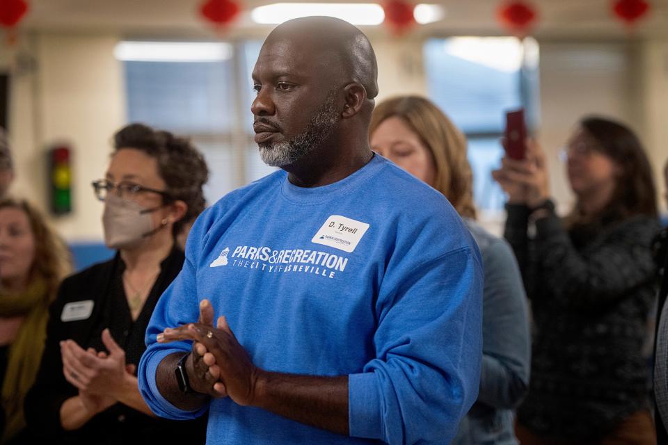 D. Tyrell McGirt, director of Asheville Parks and Recreation, listens to the crowd at Lucy S. Herring Elementary School as they beg for solutions to the closing of the Malvern Hills Pool, February 21, 2024.