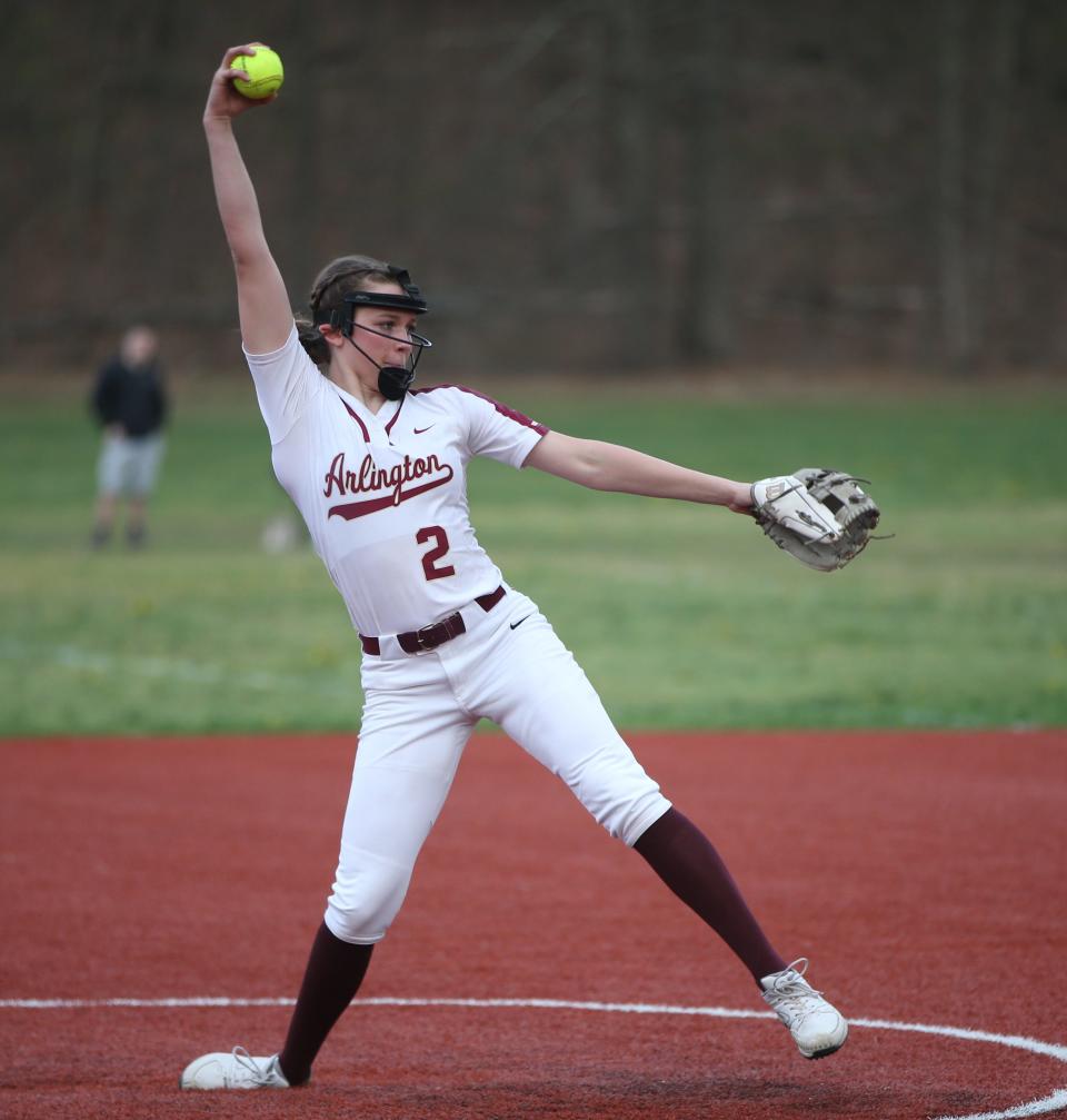 Arlington's Alyssa Liguori winds up to deliver a pitch during an April 17, 2023 softball game against John Jay.