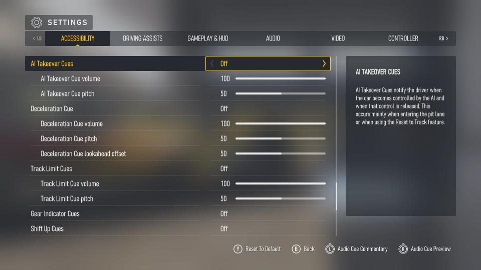 Screenshots of Forza Motorsport (2023)'s accessibility menus and settings.