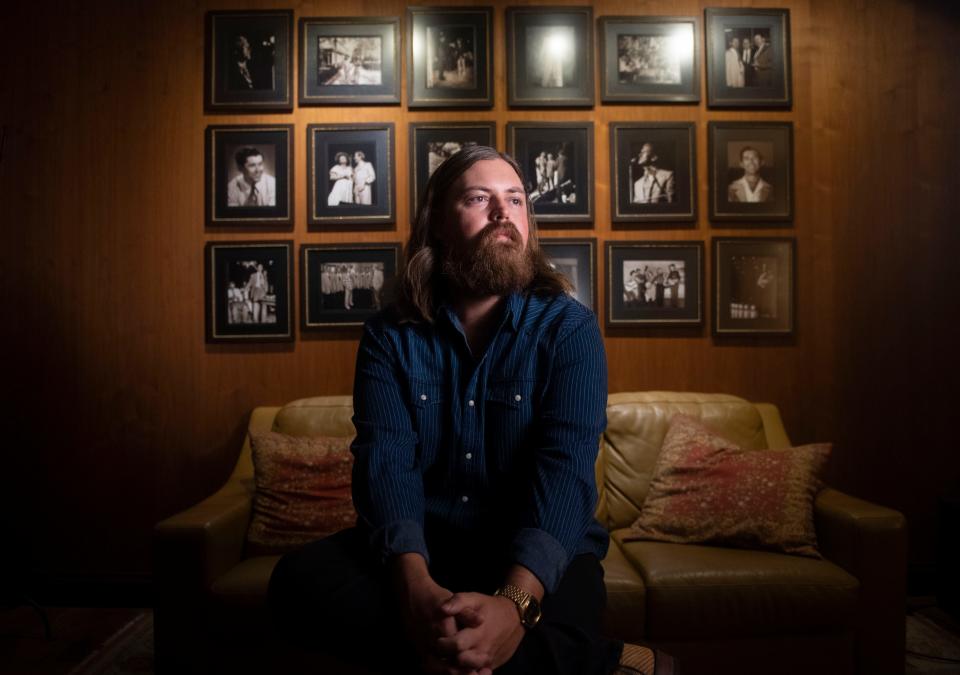 Drayton Farley sits in the dressing room at the Grand Ole Opry before his debut performance in September.