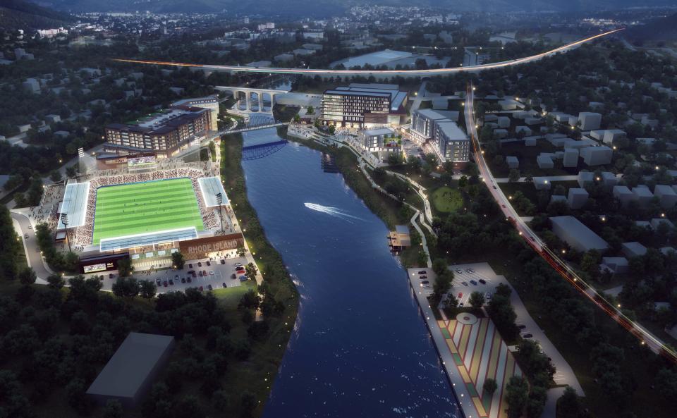 Looking north on the Blackstone River, an artist's rendering of what the Tidewater Landing project would look like once completed – including the residential and commercial developments linked by the pedestrian bridge at upper center-left.