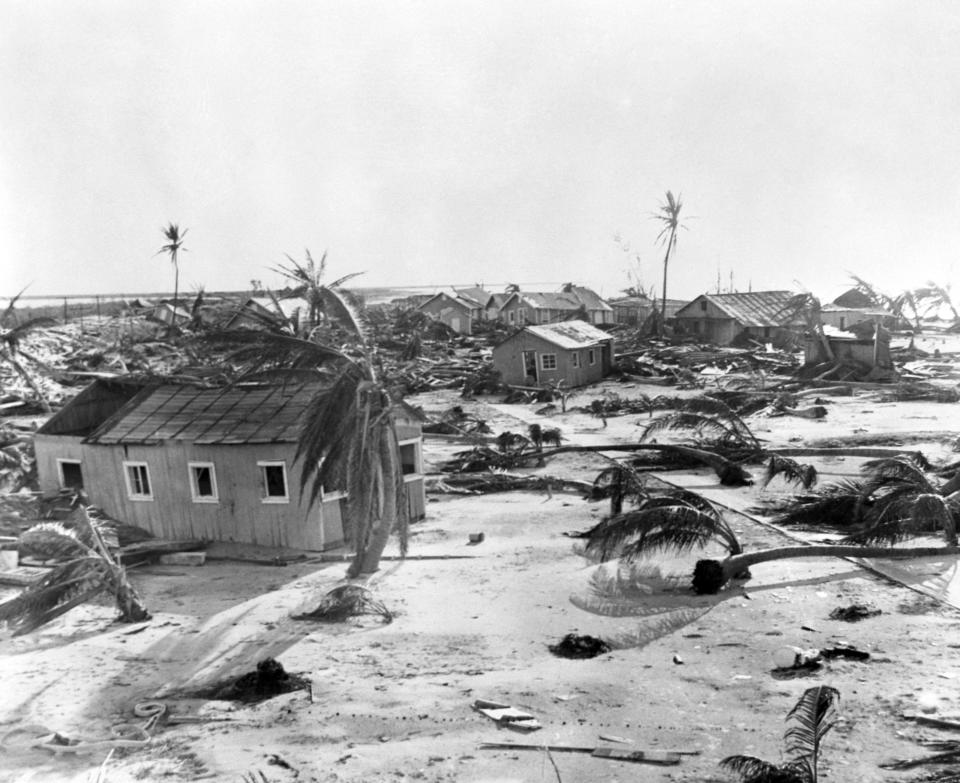 FILE - In this Sept. 15, 1935, file photo, fallen trees scatter Long Key, Fla., after a hurricane. The 1935 Labor Day Hurricane, which hit the Florida Keys, was the strongest hurricane to make landfall in the United States, based on barometric pressure. (AP Photo/File)