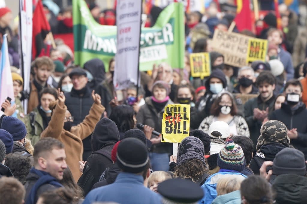 Demonstrators during a ‘Kill The Bill’ protest against The Police, Crime, Sentencing and Courts Bill in Manchester city centre (Danny Lawson/PA) (PA Wire)