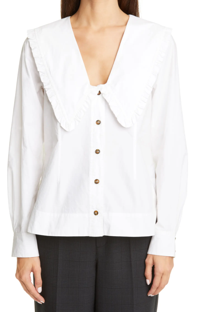 GANNI Ruffle Collar Cotton Poplin Shirt