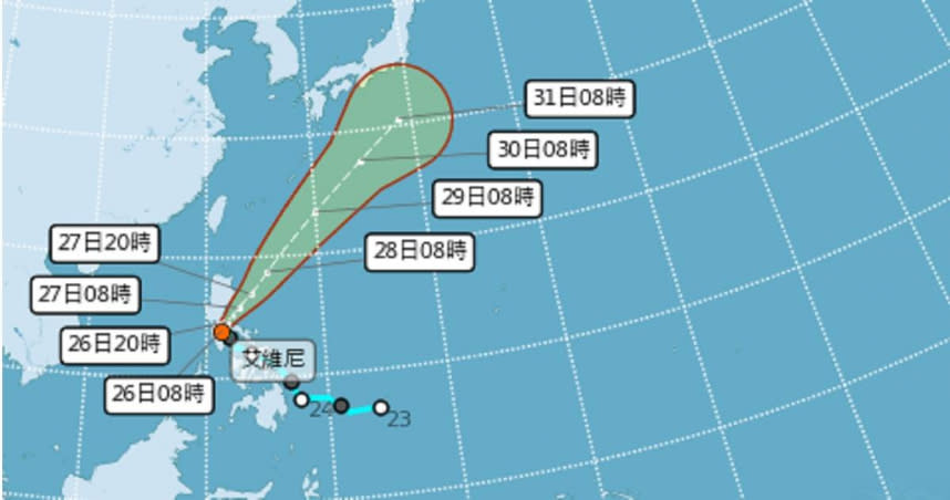 「艾維尼」未來以北轉東北的方向朝琉球南方海面移動。（圖／翻攝自氣象署）