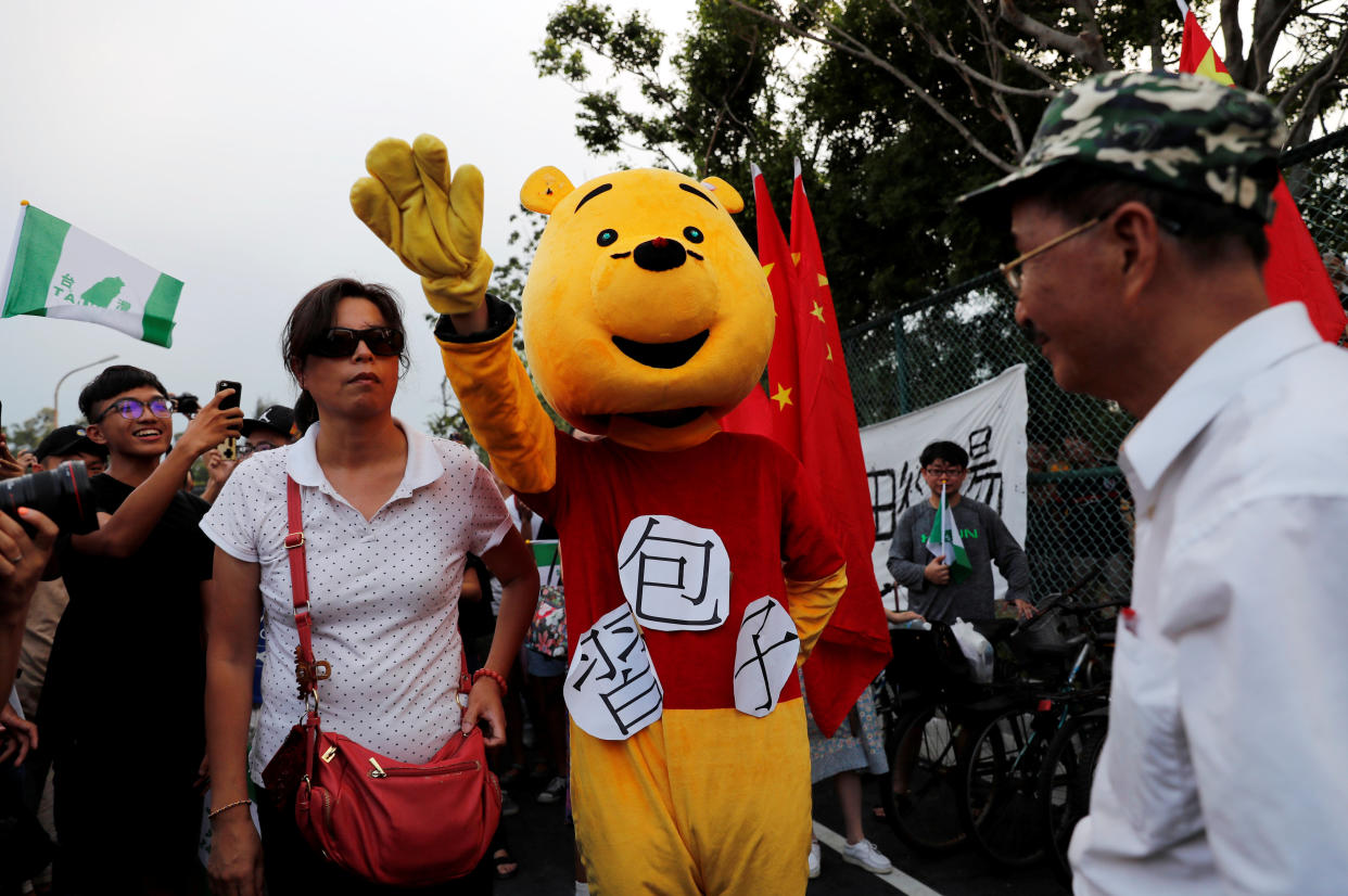 A student dressed in a Winnie The Pooh costume to mock Chinese President Xi Jinping at a demonstration in Taipei, Taiwan, in 2017. (Photo: Tyrone Siu/Reuters)