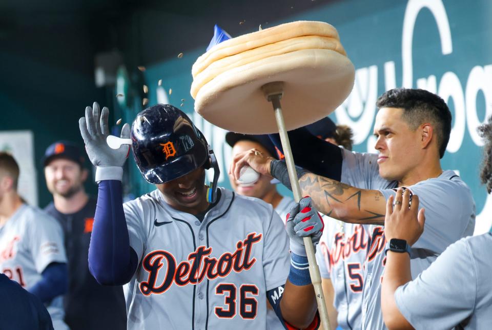 Tigers designated hitter Justyn-Henry Malloy celebrates with teammates after hitting a home run during the sixth inning against the Rangers on Wednesday, June 5, 2024, in Arlington, Texas.