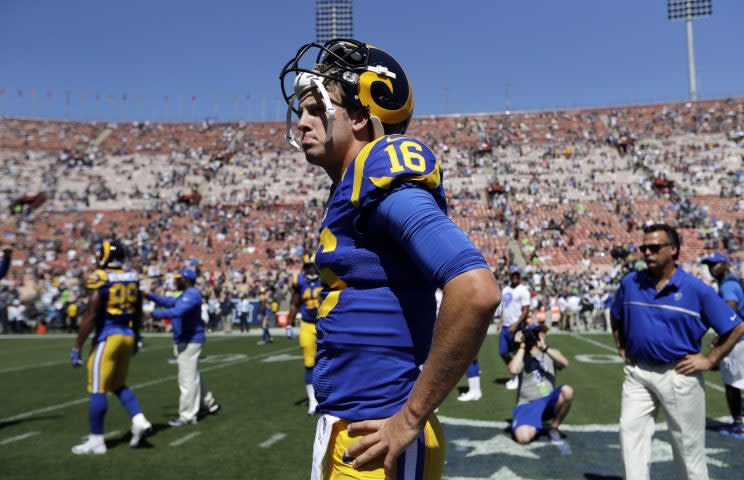 Jared Goff of the Rams will play the Chargers in a preseason game on Aug. 26. (AP)