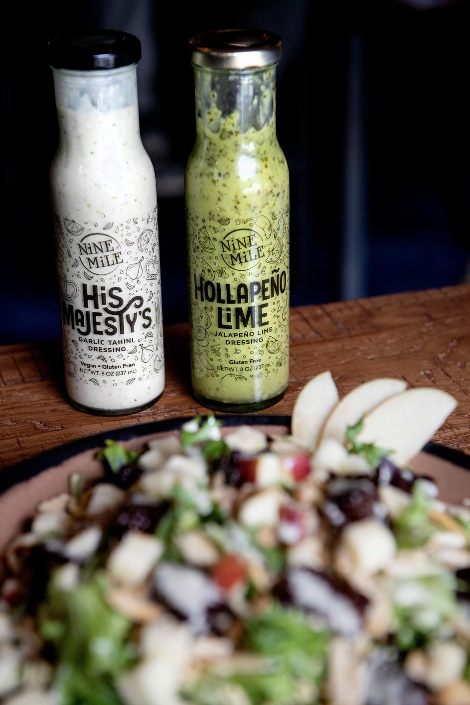 Nine Mile's signature salad dressings, His Majesty’s and Hollapeño Lime, a hit on the Back to Eden, Empress Menen and The Groundation salads, now are available for purchase by the bottle. Nine Mile co-founder and chef Aaron Thomas says customers can now discover what other ways they can enhance a meal.