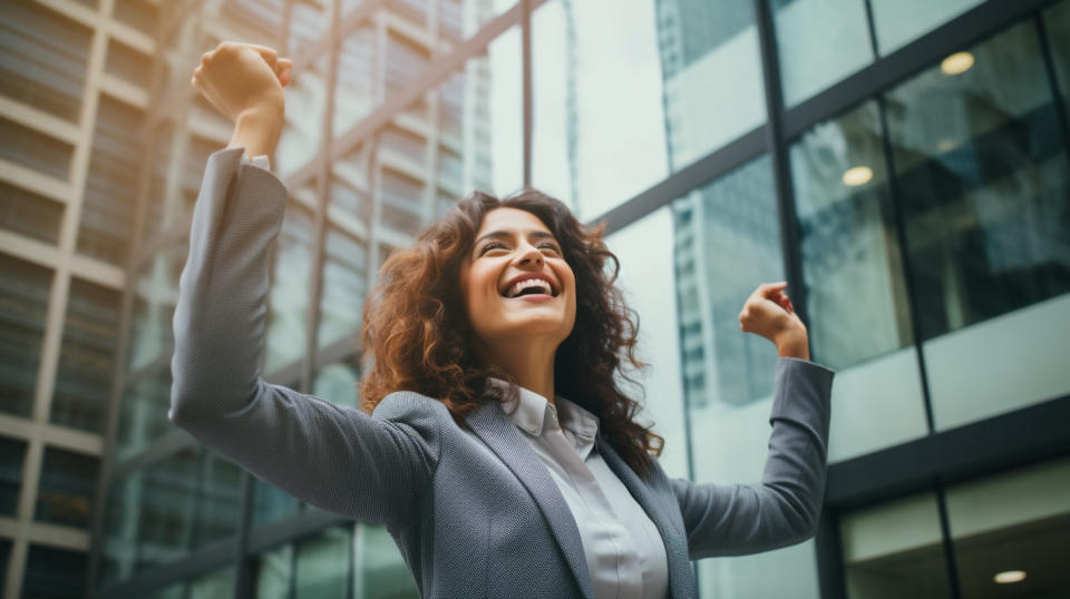 An entrepreneur launching her new brand on the company's platform, looking confident and joyful.