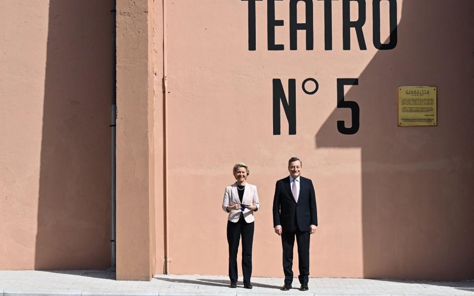 European Commission President, Ursula von der Leyen and Italy's Prime Minister, Mario Draghi, hold a joint press conference on June 22, 2021 at Rome's Cinecitta cinema studios - AFP