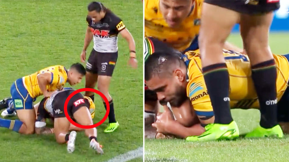 Jarome Luai, pictured here allegedly kicking Isaiah Papal'i in the NRL grand final.