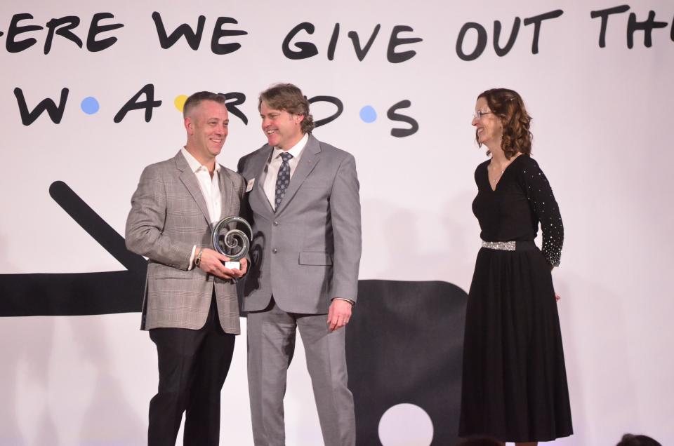 Doug Borgsdorf (left) receives the Volunteer of the Year award from 2024 Chamber Board Chair Ron Holbrook and Chamber President and CEO Melissa Vance during the 2024 Wayne County Area Chamber of Commerce Annual Dinner at First Bank Kuhlman Center, Friday, Jan. 19, 2024.