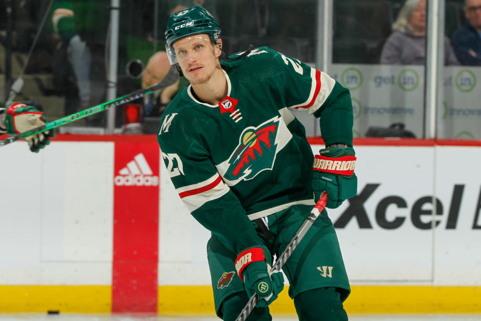 SAINT PAUL, MN - APRIL 21: Nick Bjugstad #27 of the Minnesota Wild warms up prior to the game against the Vancouver Canucks at the Xcel Energy Center on April 21, 2022 in Saint Paul, Minnesota. (Photo by Bruce Kluckhohn/NHLI via Getty Images)