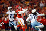 <p>Wide receiver Albert Wilson #12 of the Kansas City Chiefs misses a 4th down desperation pass in the final minutes of the AFC Wild Card playoff game against the Tennessee Titans at Arrowhead Stadium on January 6, 2018 in Kansas City, Missouri. The Titans defeated the Chiefs with a final score of 22-21. (Photo by Jamie Squire/Getty Images) </p>