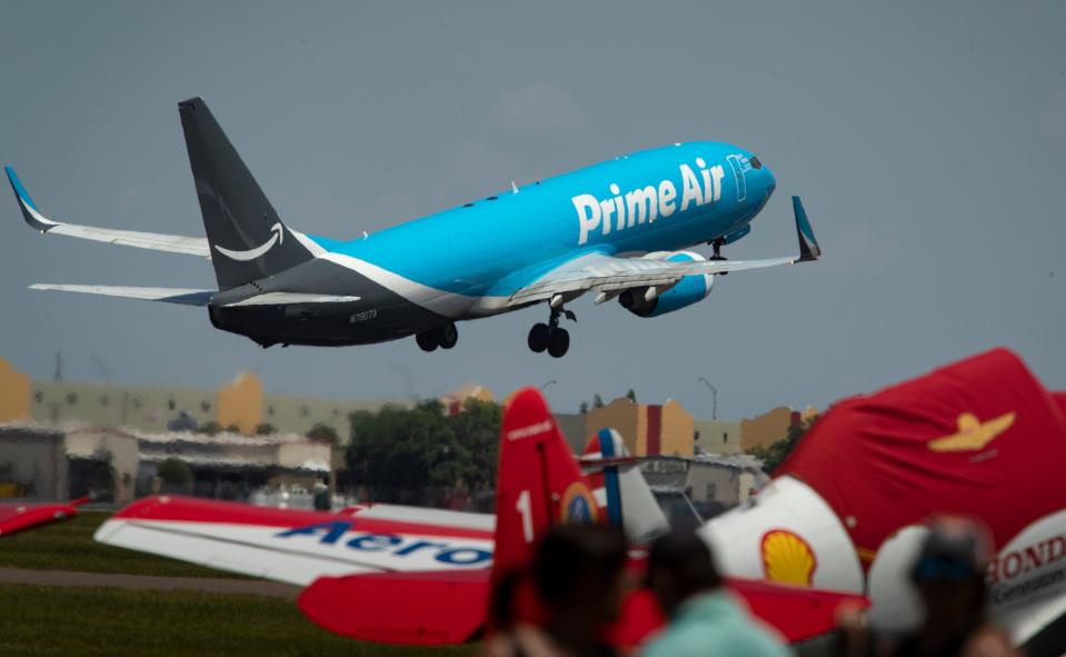 An Amazon Prime Air jet takes off at Lakeland Linder Airport in April 2021.