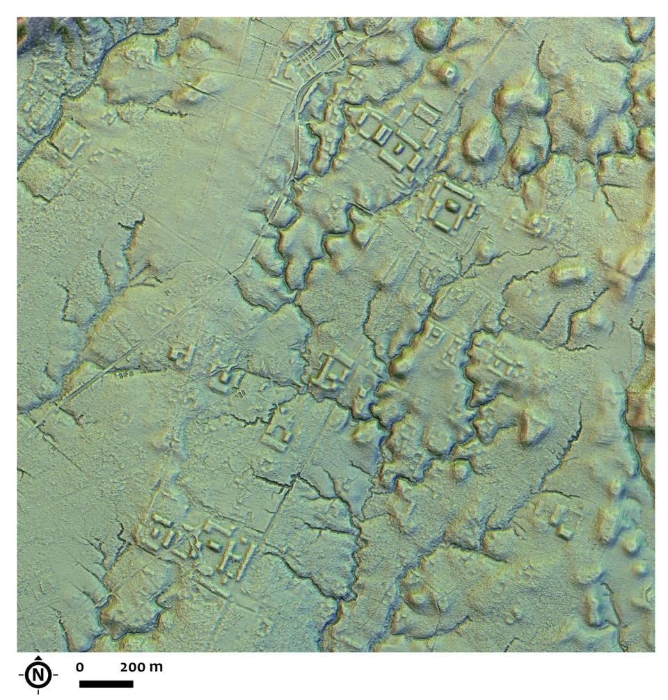 This LIDAR image provided by researchers in January 2024 shows a main street crossing an urban area, creating an axis along which complexes of rectangular platforms are arranged around low squares at the Copueno site, Upano Valley in Ecuador. Archeologists have uncovered a cluster of lost cities in the Amazon rainforest that was home to at least 10,000 farmers around 2,000 years ago, according to a paper published Thursday, Jan. 11, 2024, in the journal Science. (Antoine Dorison, Stéphen Rostain via AP)