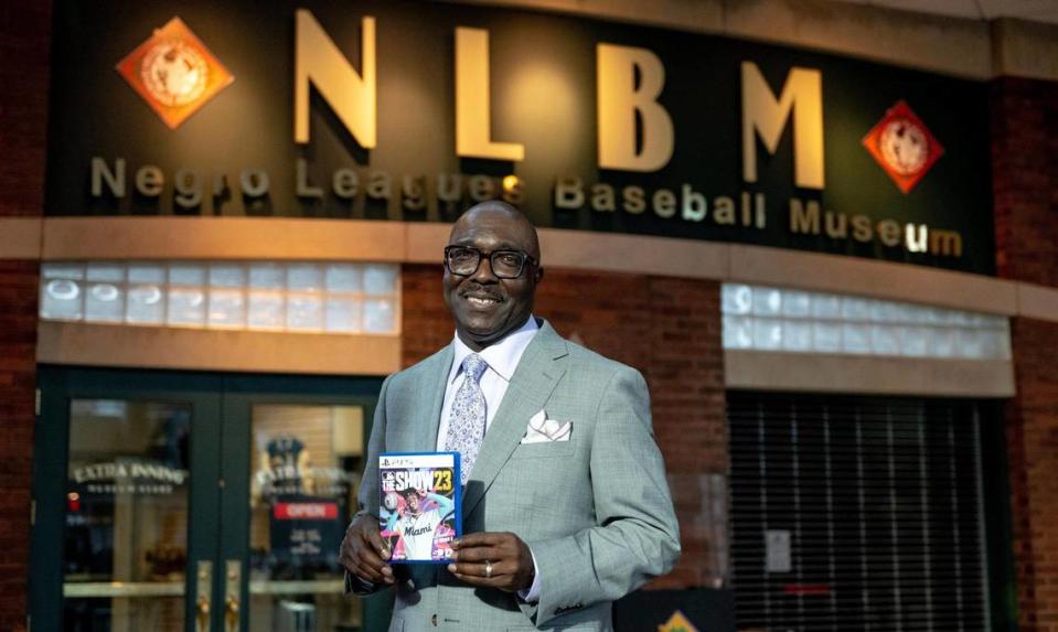 Negro Leagues Baseball Museum president Bob Kendrick holds a copy of MLB The Show 2023 on Tuesday, April 4, 2023, in Kansas City. Kendrick narrates the game’s “Storylines” mode that highlights eight players from the Negro Leagues.