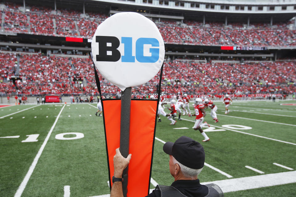 General view of the Big Ten logo on a yard marker during the game between the Ohio State Buckeyes and Rutgers Scarlet Knights at Ohio Stadium.