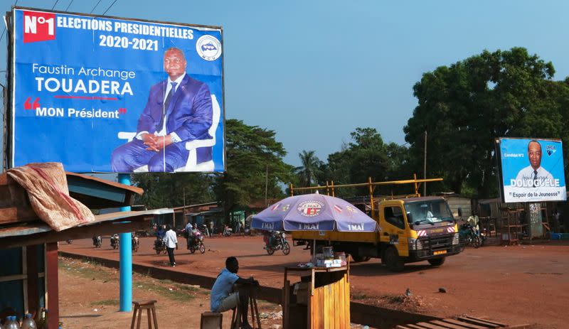 A campaign billboard of Central African Republic President Faustin Archange Touadera is seen the streets ahead of the upcoming elections in Bangui