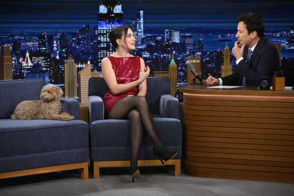 millie bobby brown pink cult gaia sequins carletta dress, tonight show starring jimmy fallon, enagement ring, dog