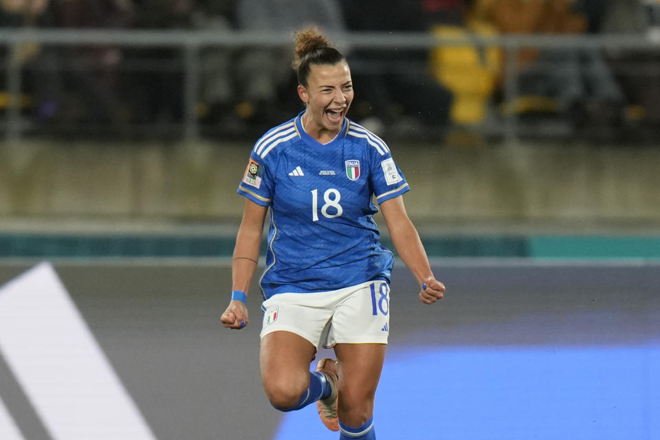 Italy's Arianna Caruso celebrates after scoring the opening goal during the Women's World Cup Group G soccer match between South Africa and Italy in Wellington, New Zealand, Wednesday, Aug. 2, 2023. (AP Photo/Alessandra Tarantino)