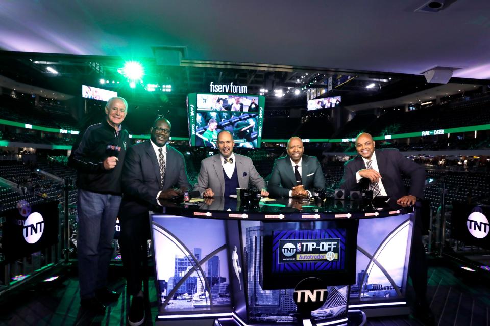 Milwaukee Mayor Tom Barrett, left, joins the TNT broadcast booth Friday at Fiserv Forum. With him, from left, are Shaquille O'Neal, Ernie Johnson, Kenny Smith and Charles Barkley.