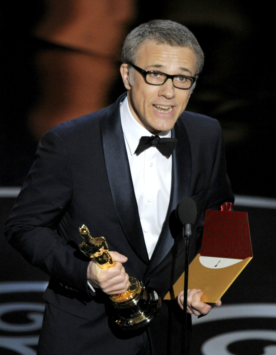 Actor Christoph Waltz accepts the award for best actor in a supporting role for "Django Unchained" during the Oscars at the Dolby Theatre on Sunday Feb. 24, 2013, in Los Angeles. (Photo by Chris Pizzello/Invision/AP)