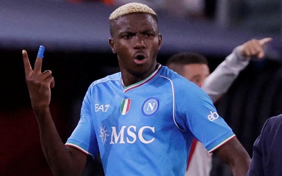 Napoli's Victor Osimhen remonstrates with coach Rudi Garcia after being substituted against Bologna