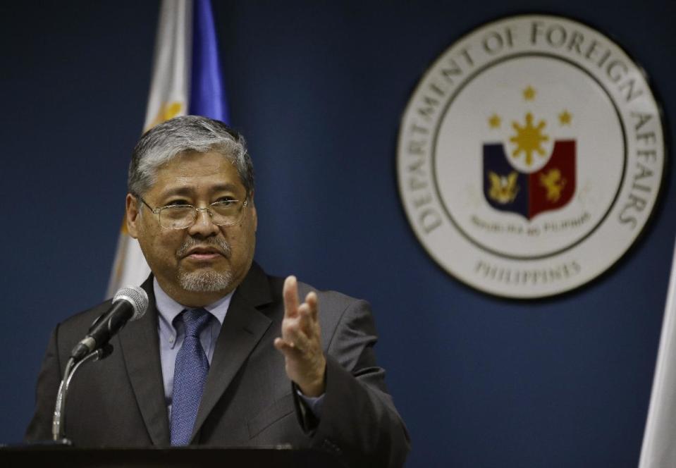 Acting Philippine Foreign Secretary Enrique Manalo answers questions from reporters in Manila, Philippines, Thursday, March 16, 2017. Australia urged Southeast Asian nations and China to conclude a legally-binding code of conduct in the South China Sea as soon as possible, voicing concern Thursday to the scale of reclamation and construction by China in the disputed territory. Manalo said in a separate news conference that diplomats from ASEAN member states and China were progressing in efforts to draft a framework of the code although he refused to provide details. (AP Photo/Aaron Favila)