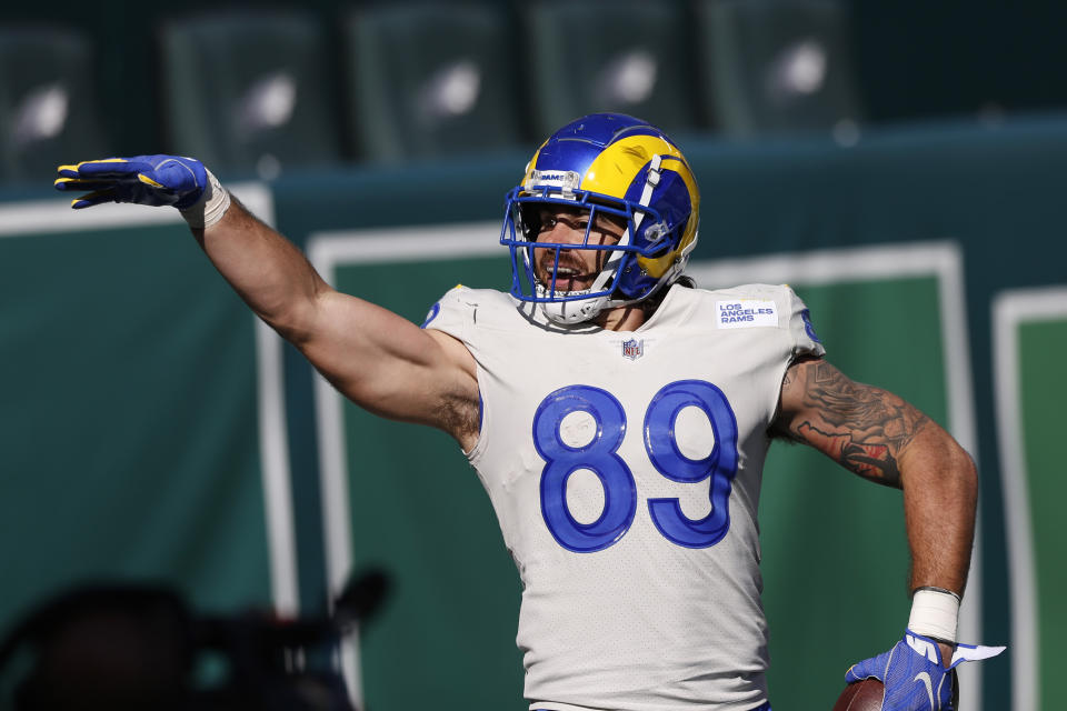 Los Angeles Rams' Tyler Higbee celebrates after catching a touchdown pass during the second half of an NFL football game against the Philadelphia Eagles, Sunday, Sept. 20, 2020, in Philadelphia. (AP Photo/Laurence Kesterson)