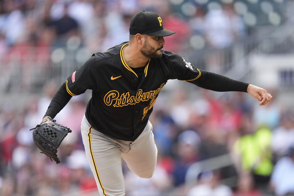 Pittsburgh Pirates stating pitcher Martin Perez delivers in the first inning of a baseball game against the Atlanta Braves Friday, June 28, 2024, in Atlanta. (AP Photo/John Bazemore)