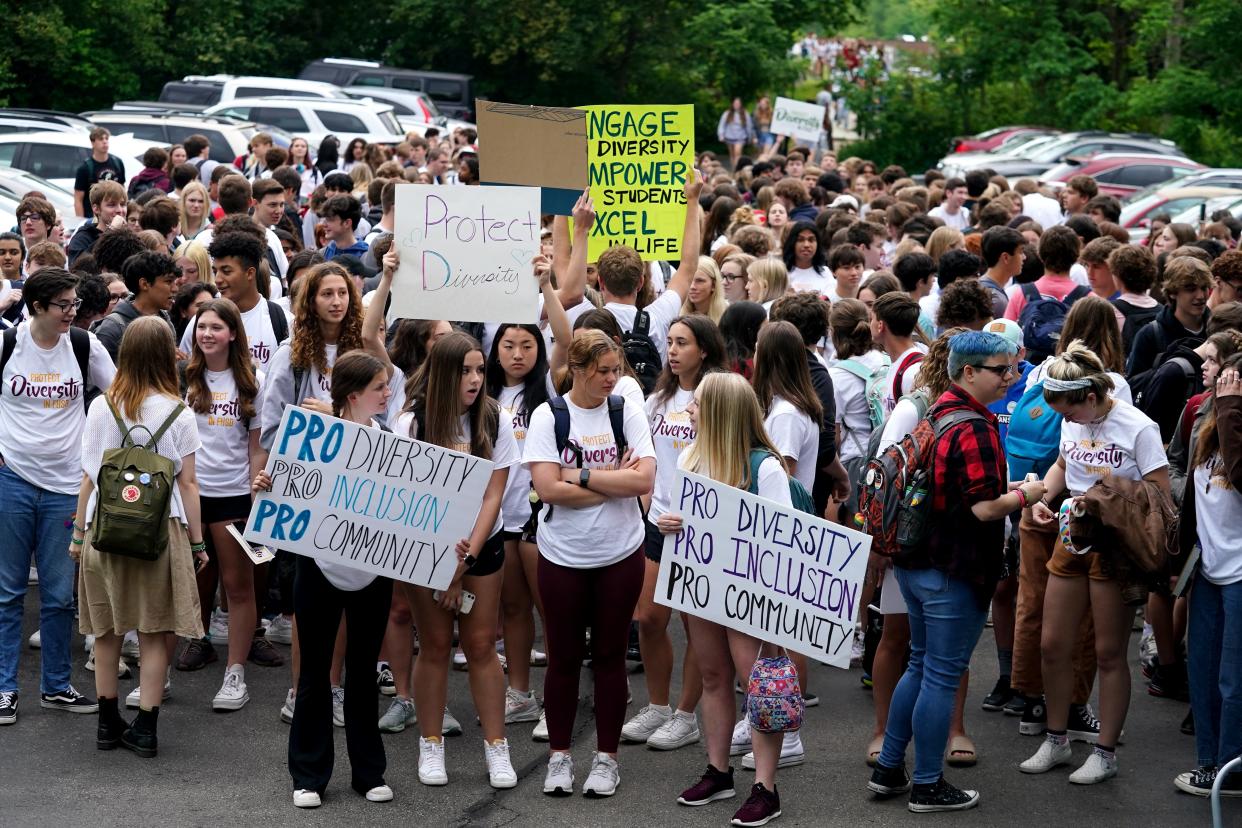 Students at Turpin High School walk out of class in protest of the cancelation of "Diversity Day," on May 18, 2022.