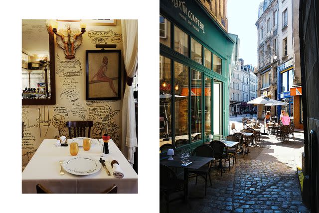 <p>William Craig Moyes</p> From left: Cartoons at Chez Francis, in Brive; a cobblestoned street in Limoges.