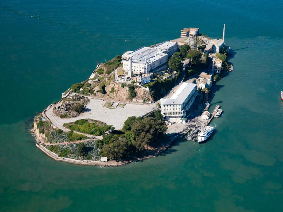 Aerial view of Alcatraz jail in San Francisco bay.