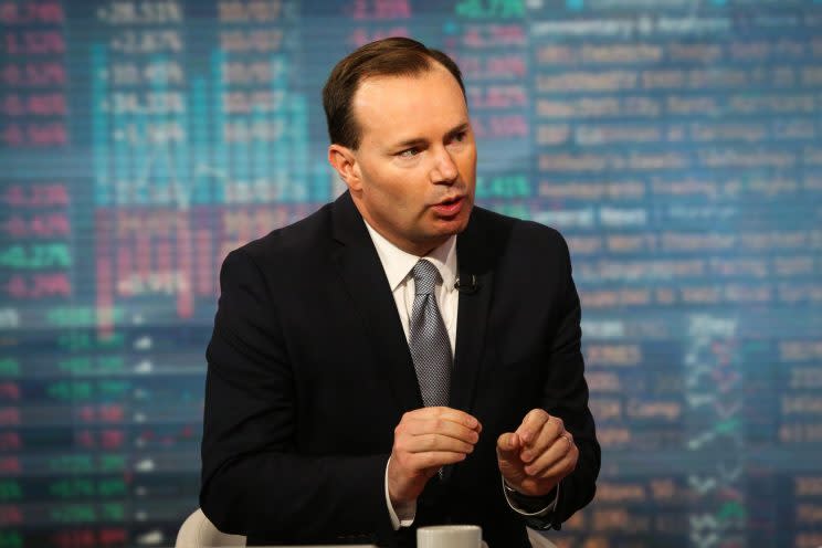 Senator Mike Lee, a Republican from Utah, speaks during a Bloomberg Television interview in New York, U.S., on Friday, June 2, 2017. Lee discussed the prospect of tax reform and the changes he expects to the tax code. 