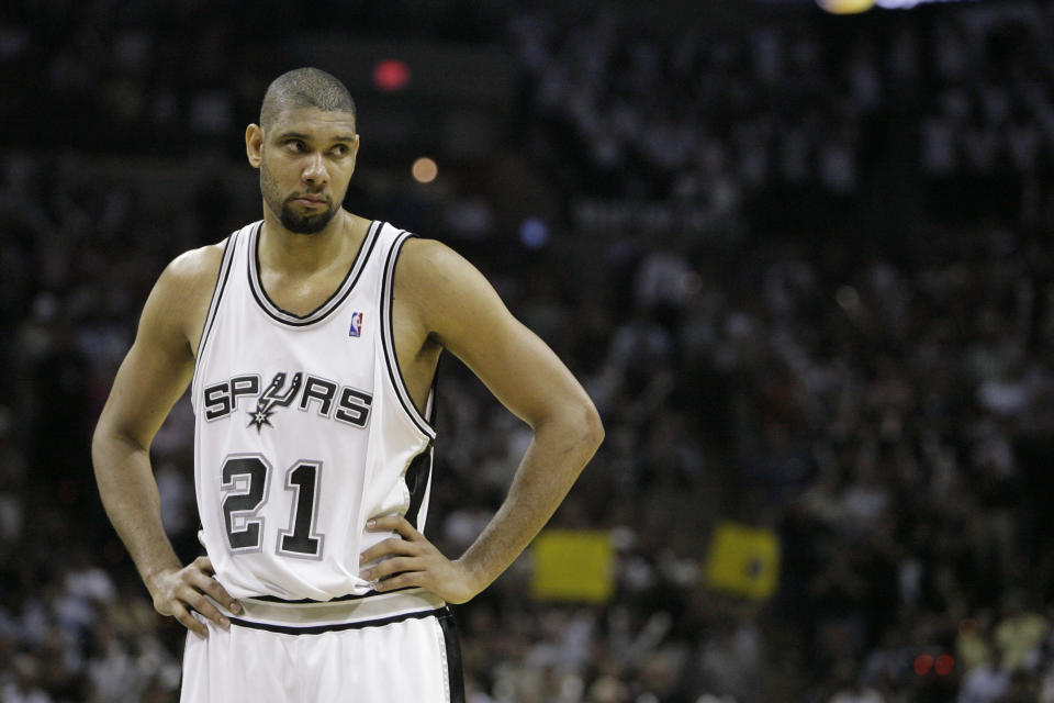 San Antonio Spurs forward Tim Duncan looks off in the fourth quarter of their Western Conference playoff basketball game against the Phoenix Suns, Friday, May 18, 2007, in San Antonio. San Antonio won, 114-106.  The last two times the San Antonio Spurs reached the Western Conference finals, in 2003 and 2005, they went on to win the title. (AP Photo/Matt Slocum)