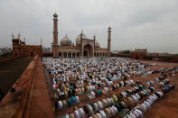 Muslims offer Eid al-Adha prayers at the Jama Masjid (Grand Mosque) during the outbreak of the coronavirus disease (COVID-19), in the old quarters of Delhi, India, August 1, 2020. REUTERS/Adnan Abidi